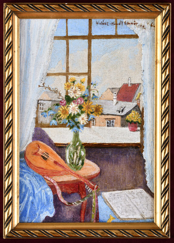 Zátišie s lutnou a kvetmi pri okne 